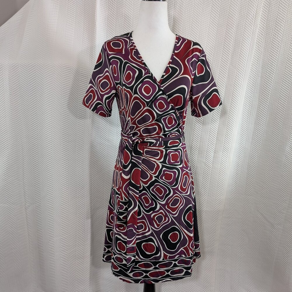 JB by Julie Brown Jersey Wrap Dress Abstract Print Office Mod Retro Size Medium